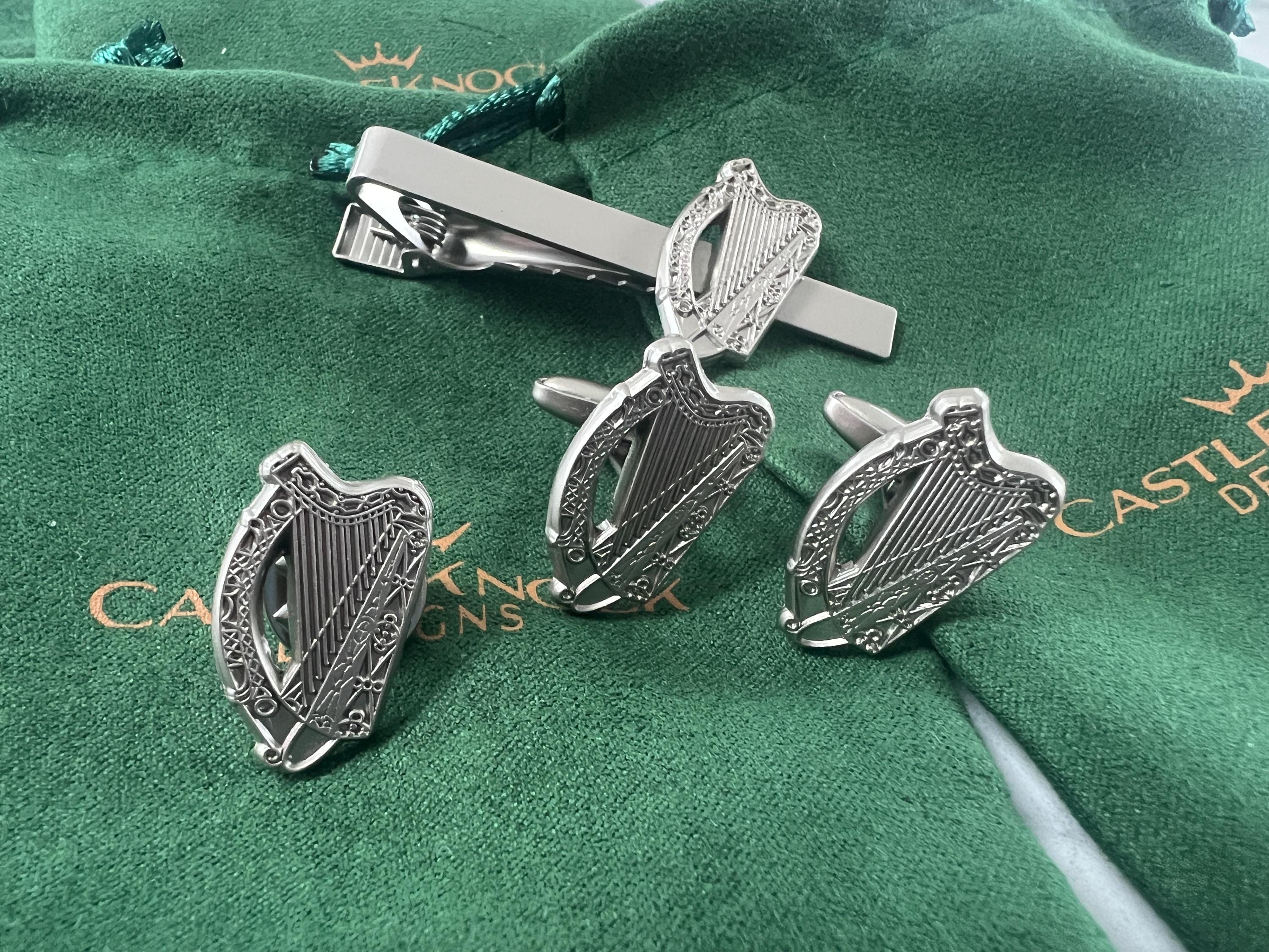 Irish Harp Silver Plated Cufflinks Tie Clip and Suit Pin elegant accessories perfect for weddings formal events and thoughtful Irish gifts