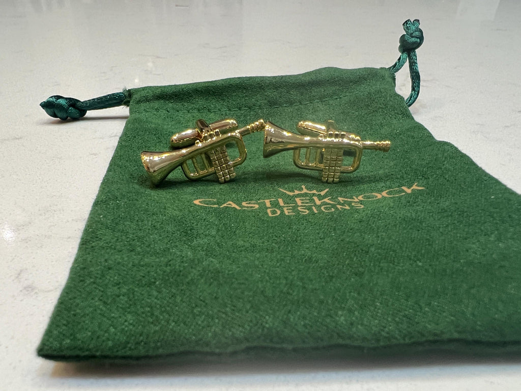 Gold Trumpet Cufflinks stylish and unique accessories for music lovers, perfect gift for musicians, jazz enthusiasts, and special occasions.