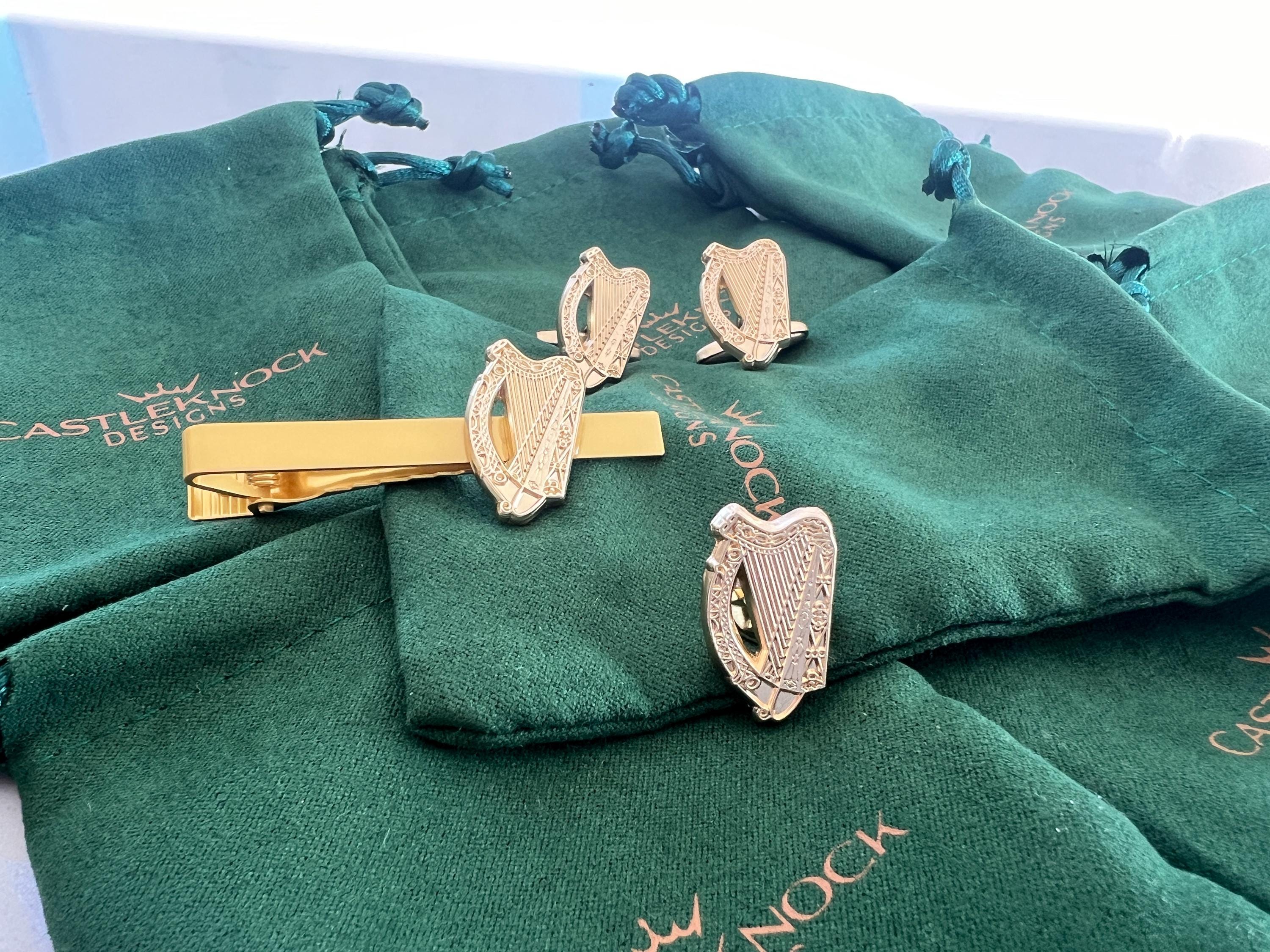 Gold Irish Harp Cufflinks Suit Pin and Tie Clip Set elegant Irish heritage accessories perfect gift for weddings formal events