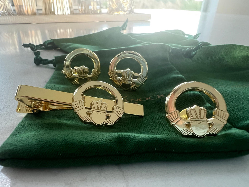 Claddagh Ring Cufflinks Tie Clip Pin Set Gold Irish Jewelry Gift for Him Wedding Anniversary Men's Accessories Classic Irish Heritage Set
