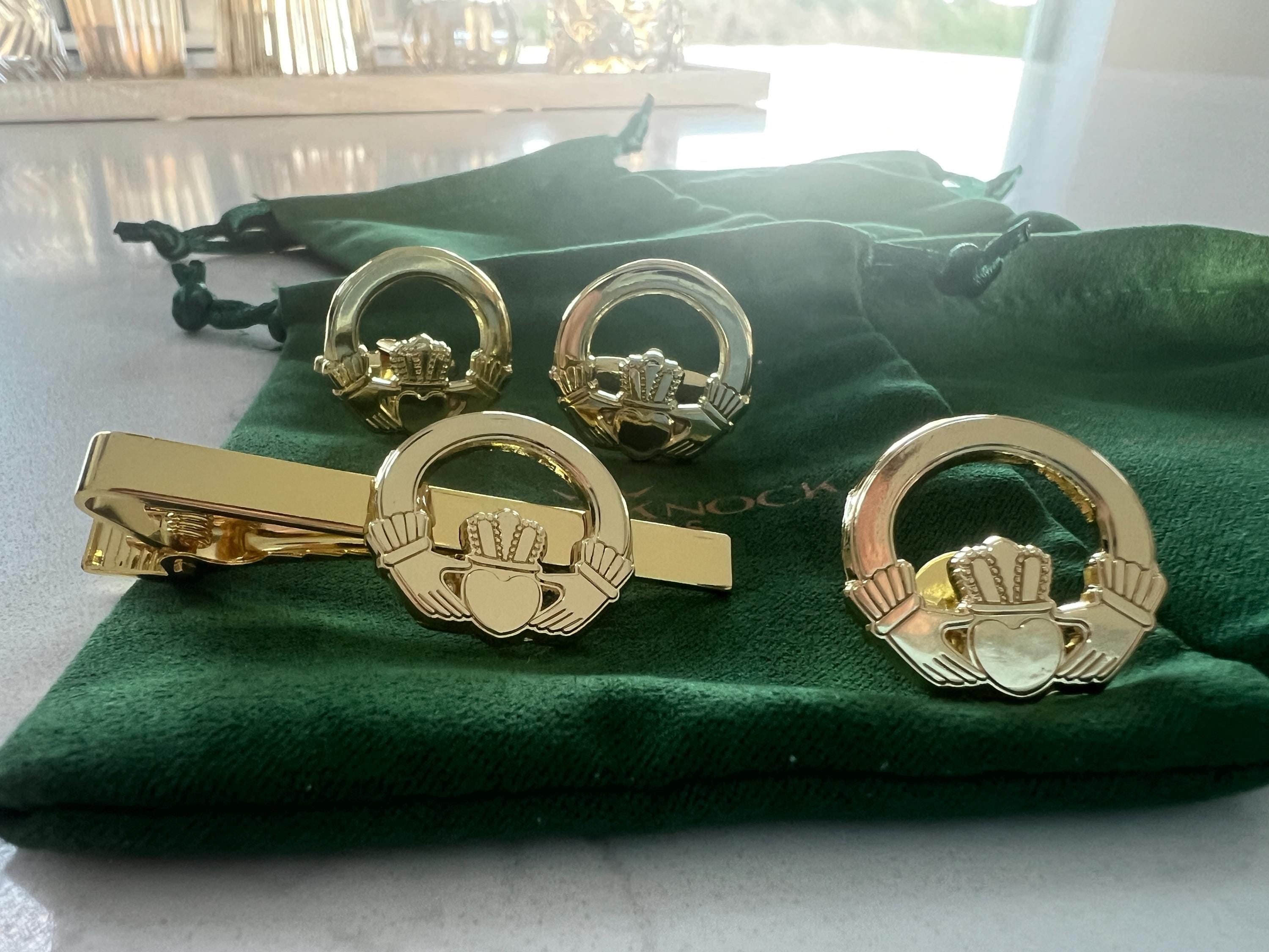 Claddagh Ring Cufflinks Tie Clip Pin Set Gold Irish Jewelry Gift for Him Wedding Anniversary Men's Accessories Classic Irish Heritage Set