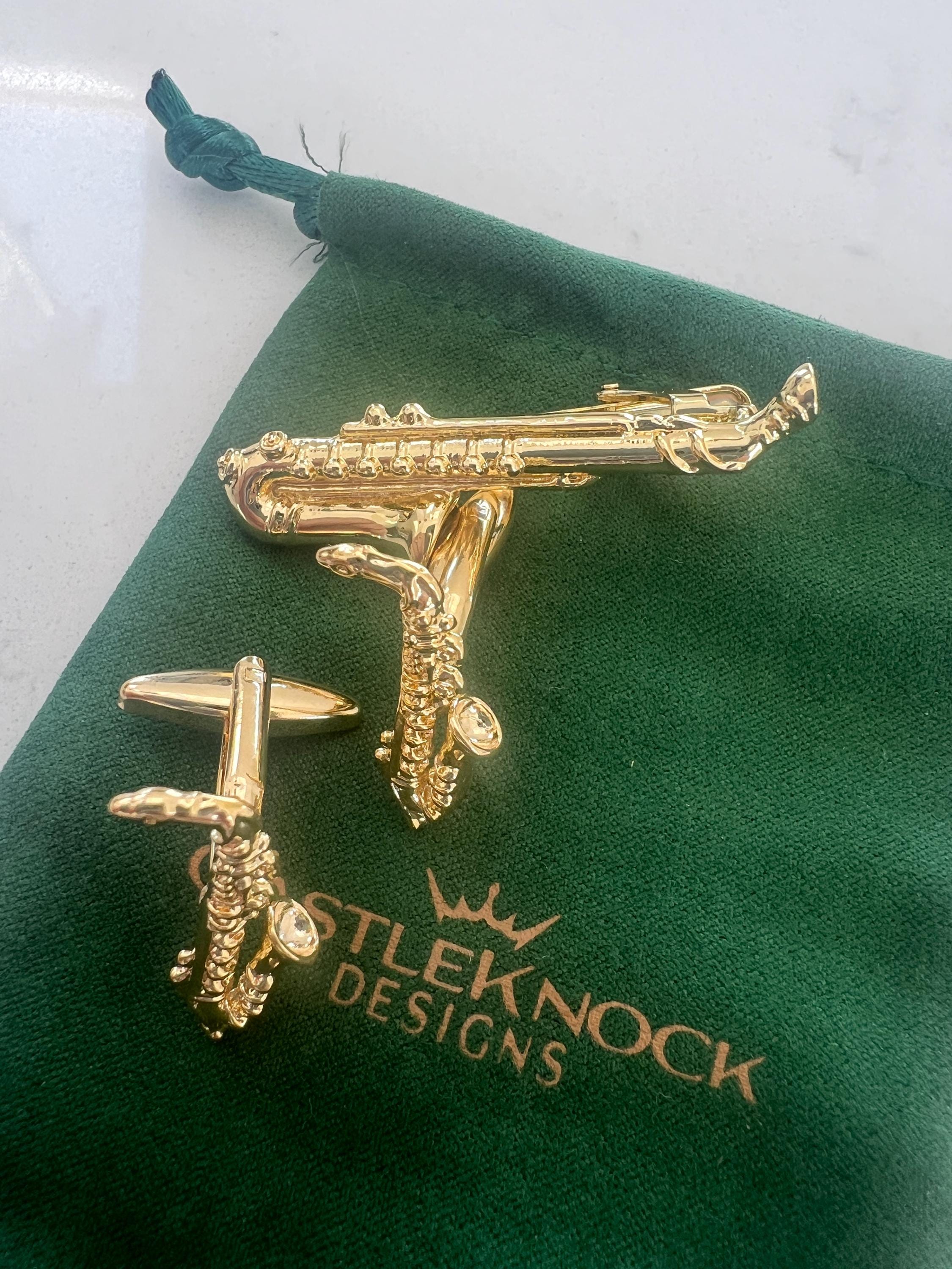 Saxophone Cufflinks and Tie Clip Set Music Inspired Men's Jewelry Jazz Lover Accessories Unique Gift for Him Sax Player Cufflinks Tie Bar