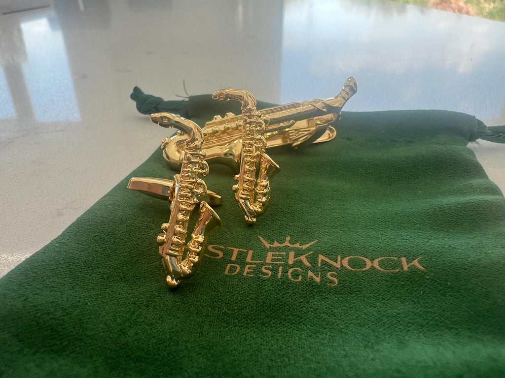 Saxophone Cufflinks and Tie Clip Set Music Inspired Men's Jewelry Jazz Lover Accessories Unique Gift for Him Sax Player Cufflinks Tie Bar