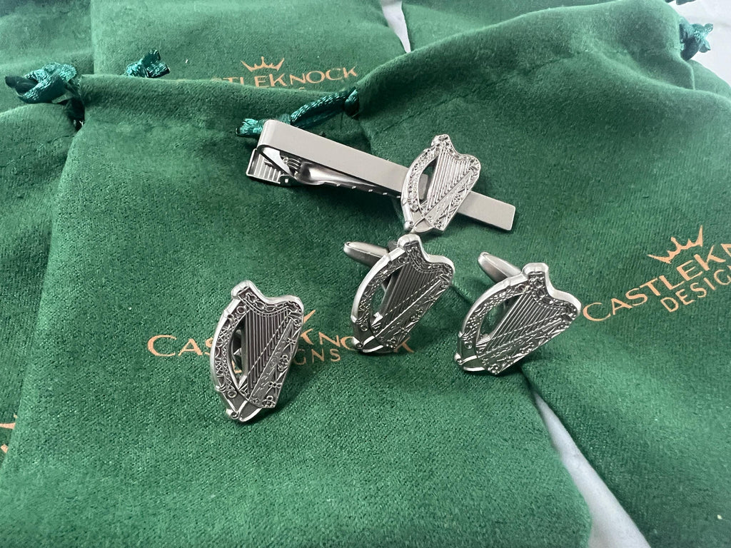 Irish Harp Silver Plated Cufflinks Tie Clip and Suit Pin elegant accessories perfect for weddings formal events and thoughtful Irish gifts