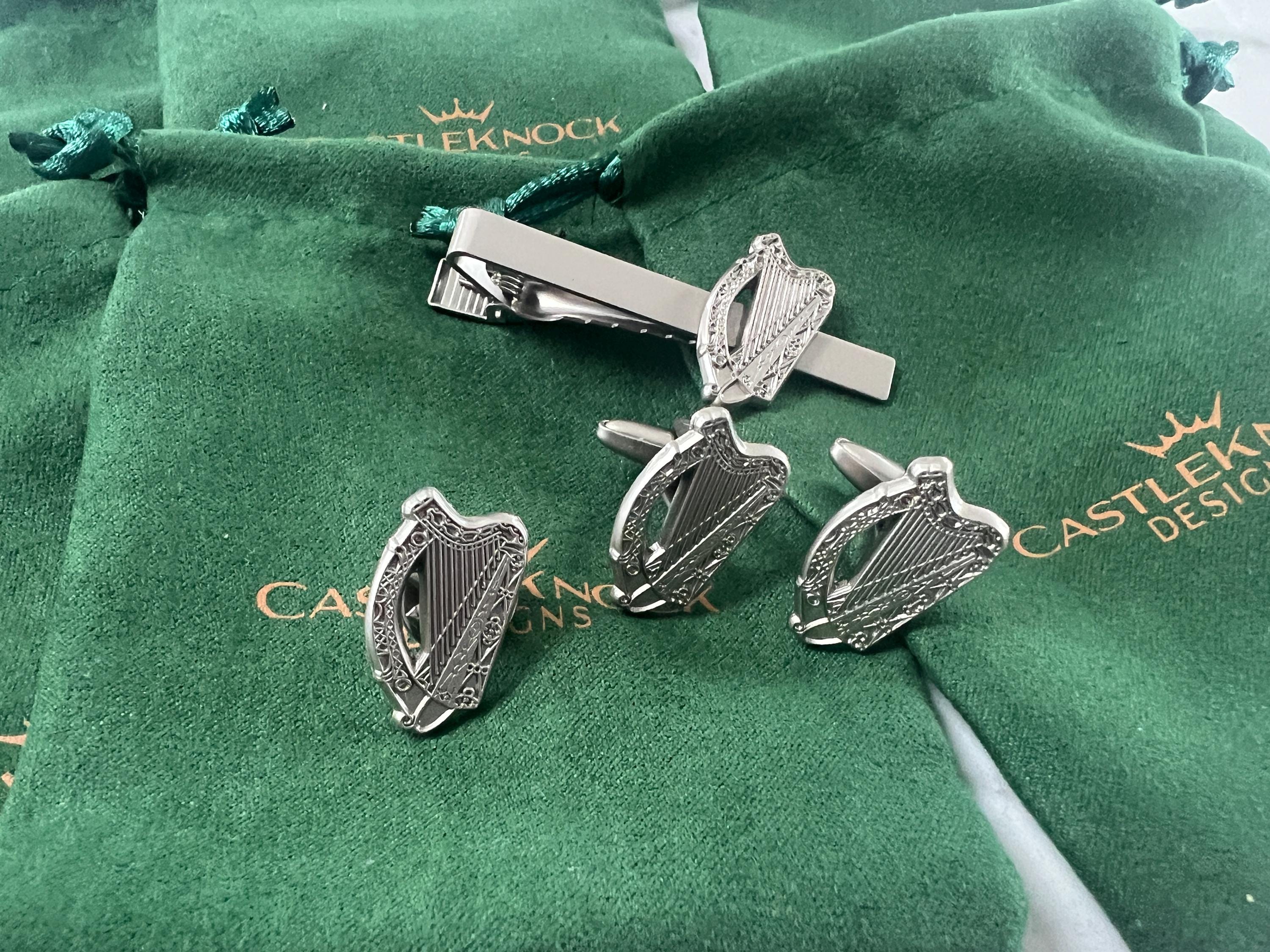 Irish Harp Silver Plated Cufflinks Tie Clip and Suit Pin elegant accessories perfect for weddings formal events and thoughtful Irish gifts