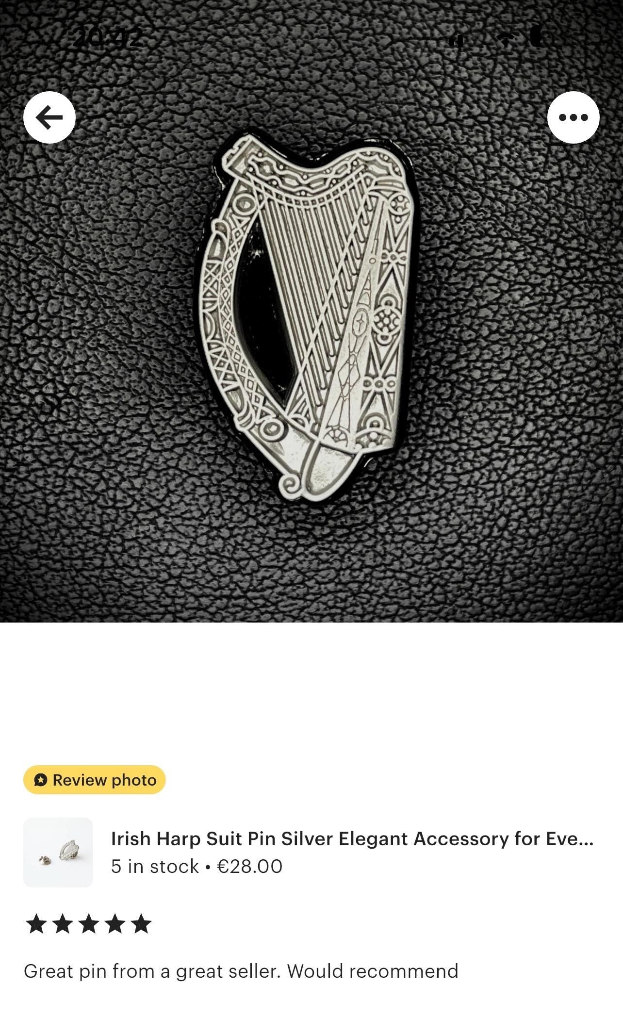Irish Harp Suit Pin Silver Elegant Accessory for Every Occasion Handcrafted Irish Suit Pin Unique Irish Gift Ideal for Formal Events
