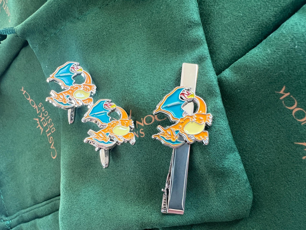 Charizard Cufflinks Tieclip dragon-inspired accessories perfect gift for Pokémon fans trainers weddings and special occasions unique design