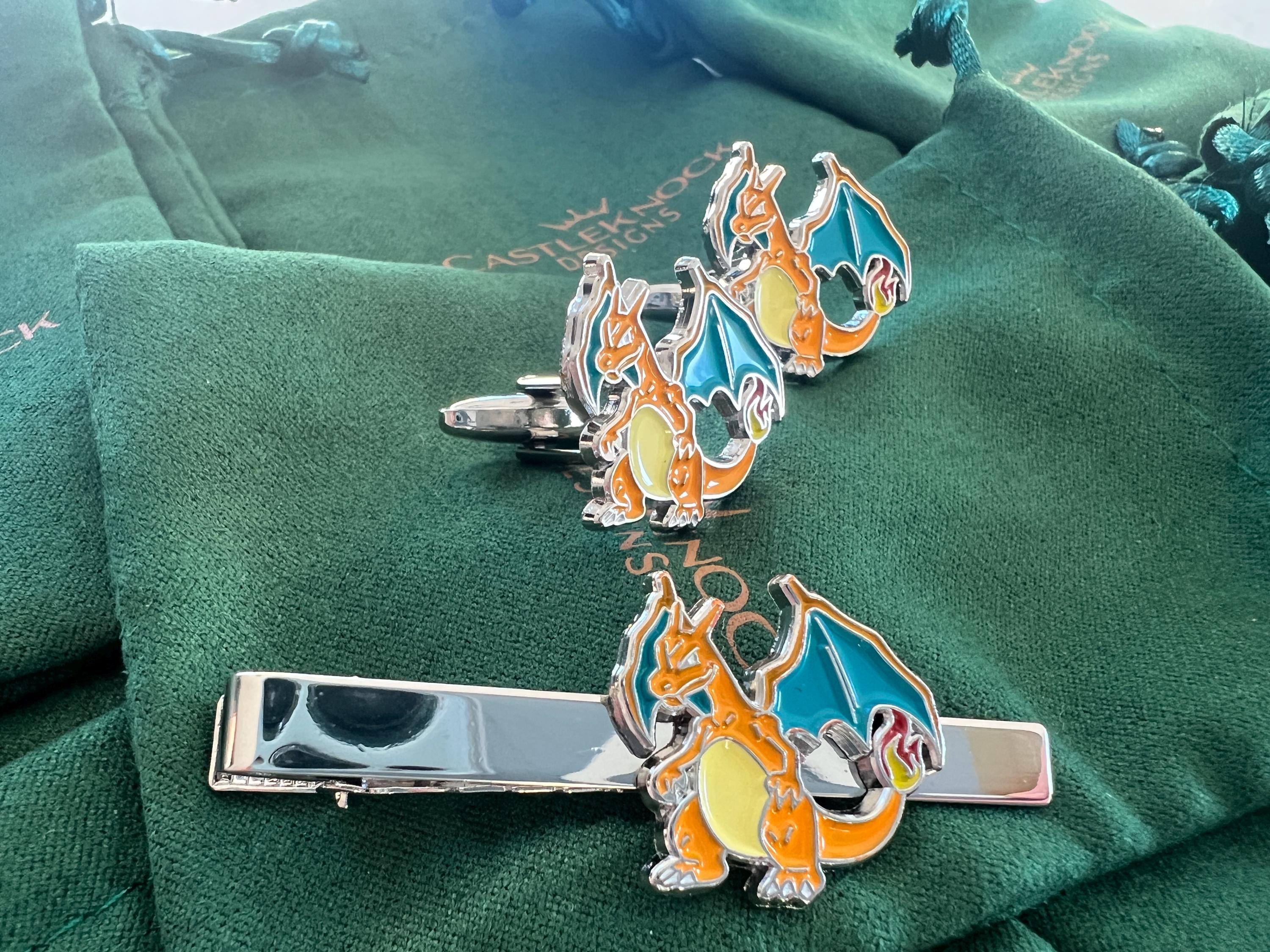 Charizard Cufflinks Tieclip dragon-inspired accessories perfect gift for Pokémon fans trainers weddings and special occasions unique design