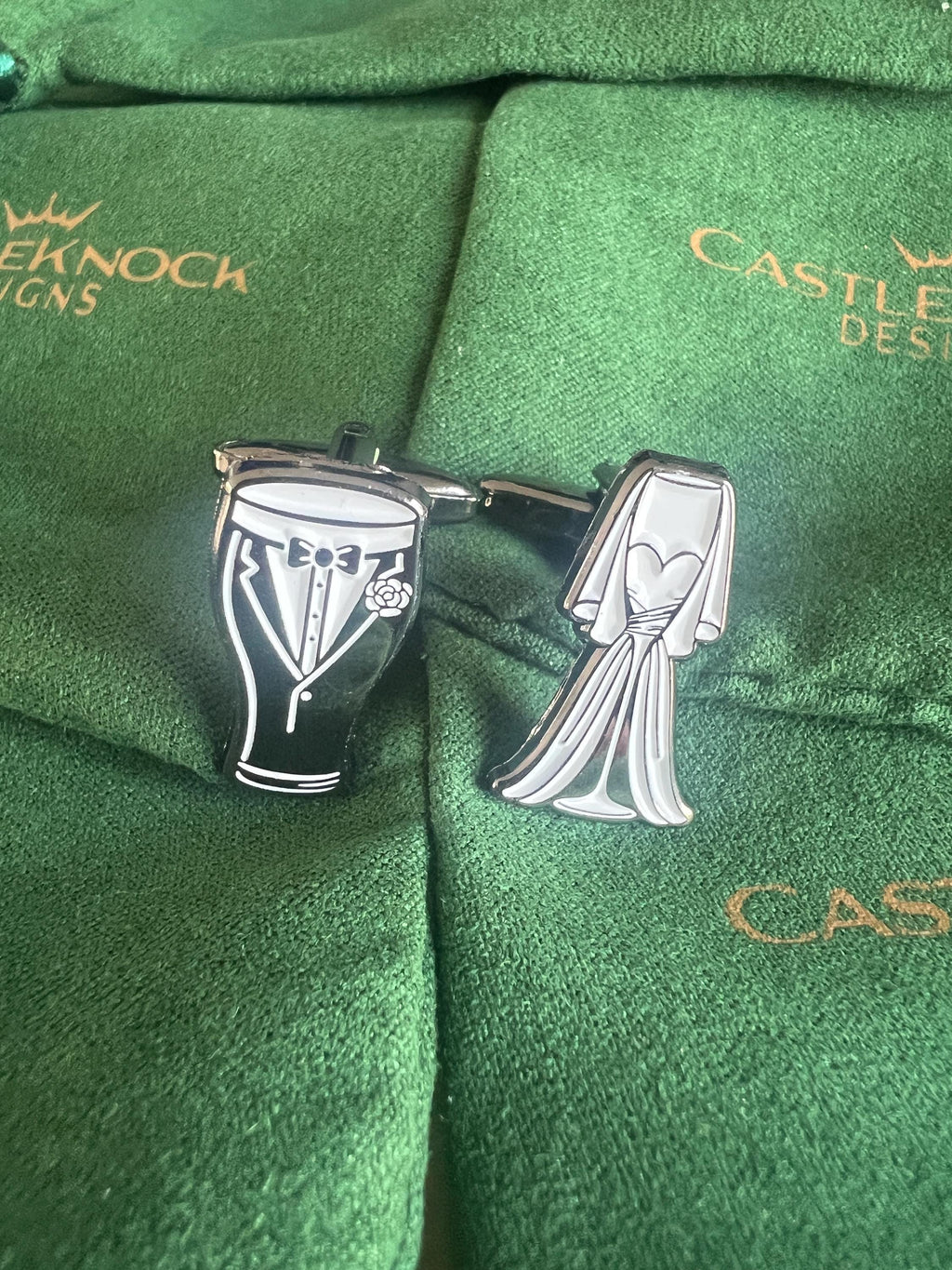 Bride and Groom Cufflinks – Stout Beer Tuxedo and Bridal Dress Champagne Flute – Funny Wedding Gift for Groomsmen or Bachelor Party