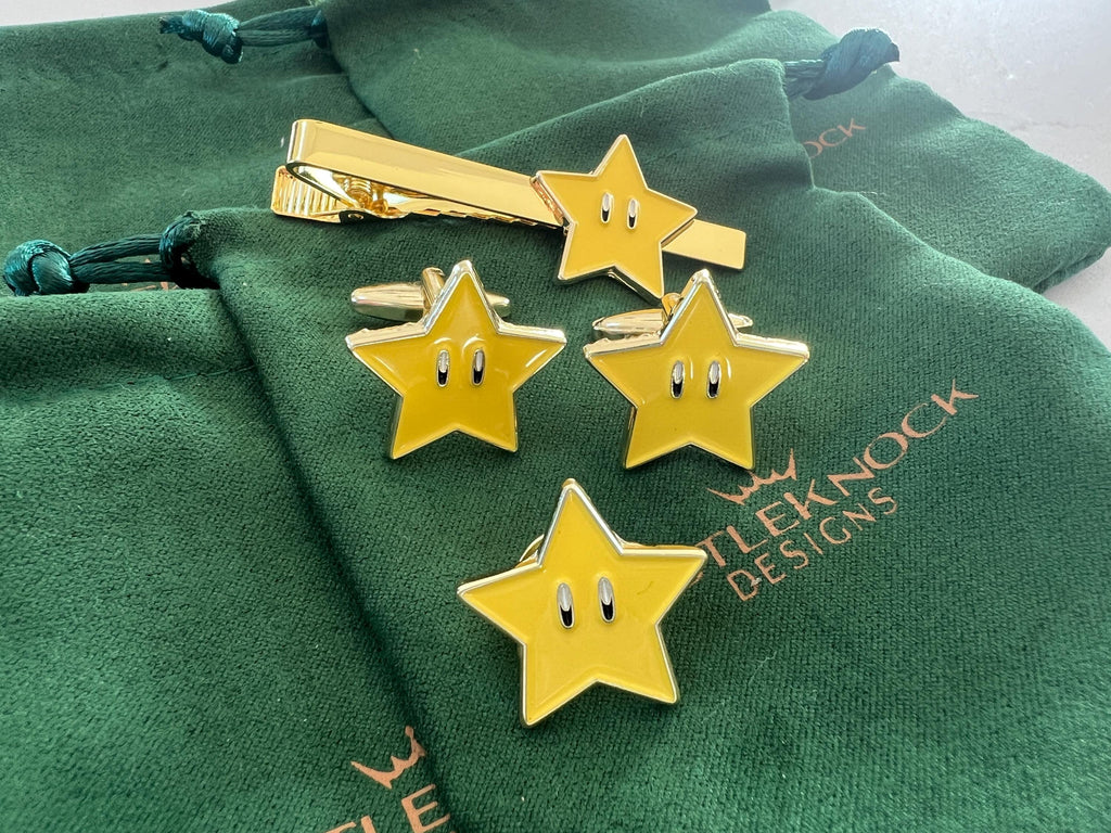 Super Star Mario Series Tie Clip Suit Pin and Cufflinks fun gaming-inspired accessories perfect gift for gamer weddings special occasions