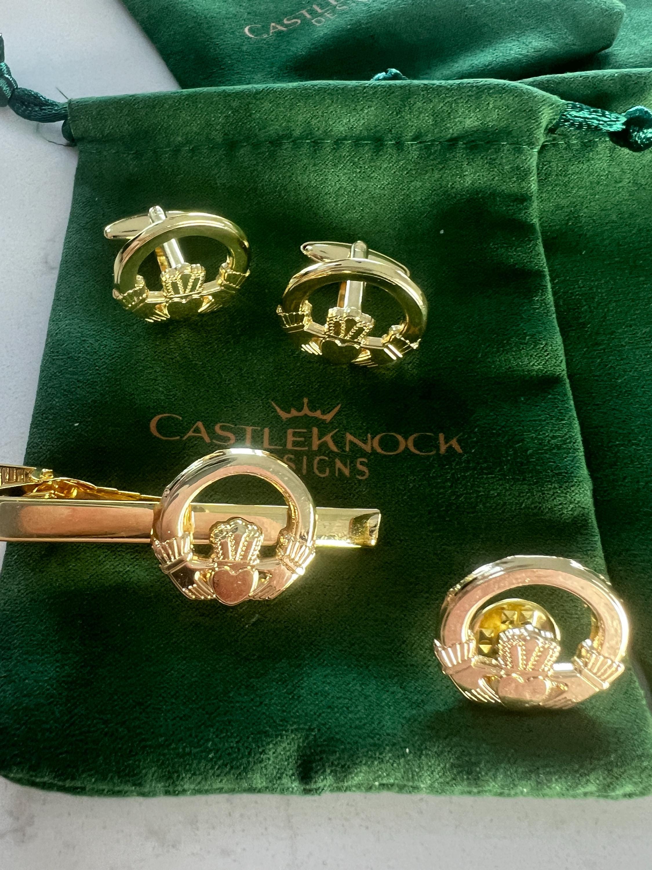 Claddagh Ring Cufflinks Tie Clip Pin Set Gold Irish Jewelry Gift for Him Wedding Anniversary Men's Accessories Classic Irish Heritage Set