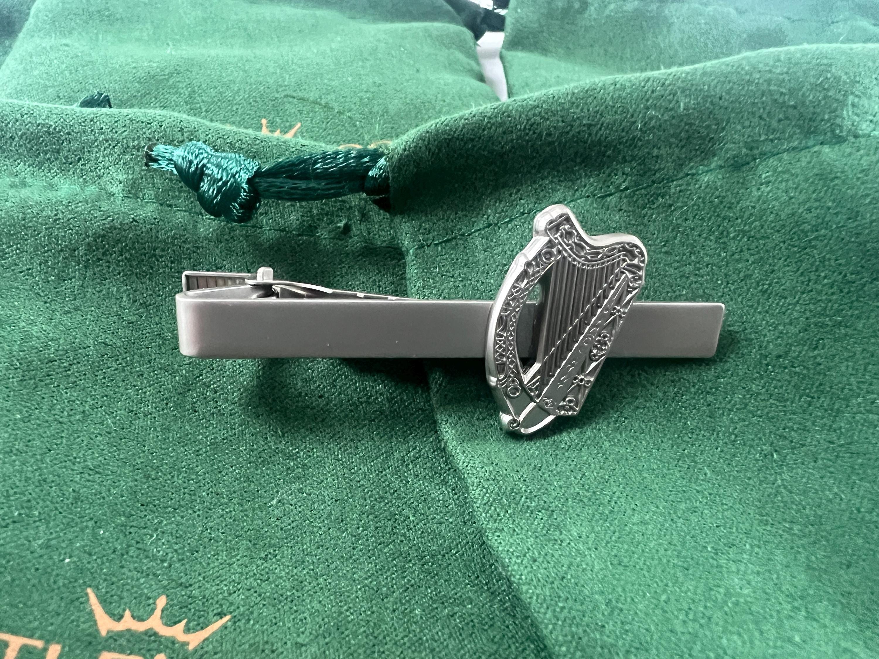 Irish Harp Silver Plated Cufflinks Tie Clip and Suit Pin elegant accessories perfect for weddings formal events and thoughtful Irish gifts