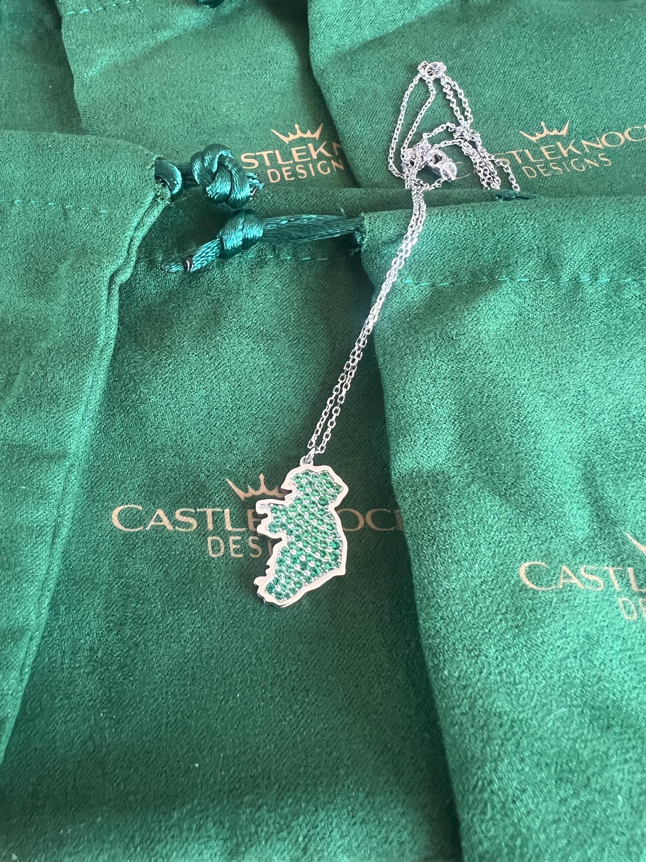 Ireland Map Necklace Sterling Silver Celtic Charm with Emerald Gemstones Irish Heritage Jewelry Emerald Handmade Gift for Her Unique Design