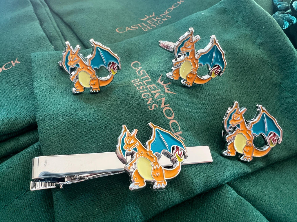 Charizard Cufflinks Tieclip Pin dragon-inspired accessories perfect gift Pokémon fans trainers weddings and special occasions unique design