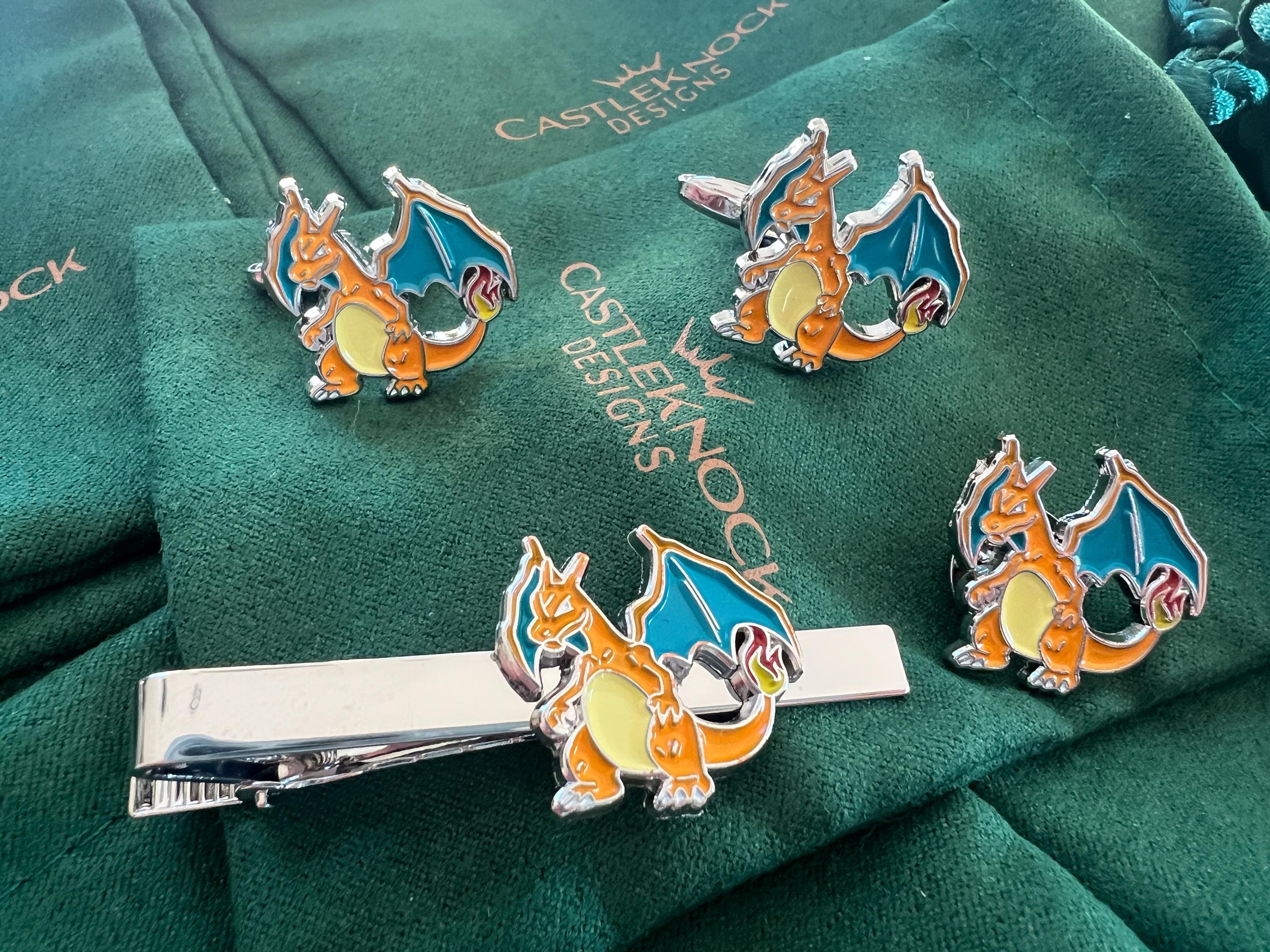 Charizard Cufflinks Tieclip Pin dragon-inspired accessories perfect gift Pokémon fans trainers weddings and special occasions unique design