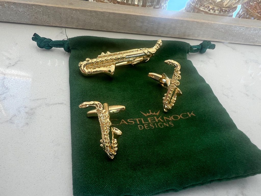 Saxophone Cufflinks and Tie Clip Set Music Inspired Men's Jewelry Jazz Lover Accessories Unique Gift for Him Sax Player Cufflinks Tie Bar