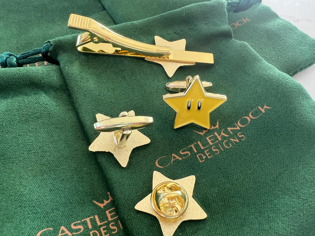 Super Star Mario Series Tie Clip Suit Pin and Cufflinks fun gaming-inspired accessories perfect gift for gamer weddings special occasions