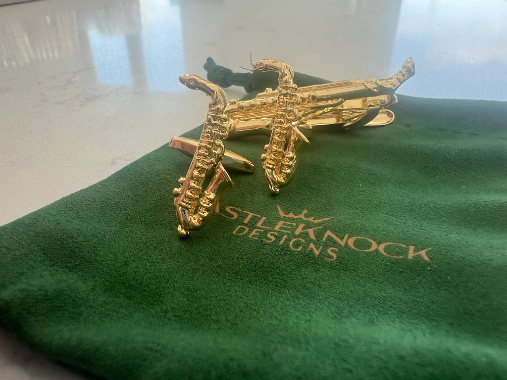 Saxophone Cufflinks and Tie Clip Set Music Inspired Men's Jewelry Jazz Lover Accessories Unique Gift for Him Sax Player Cufflinks Tie Bar