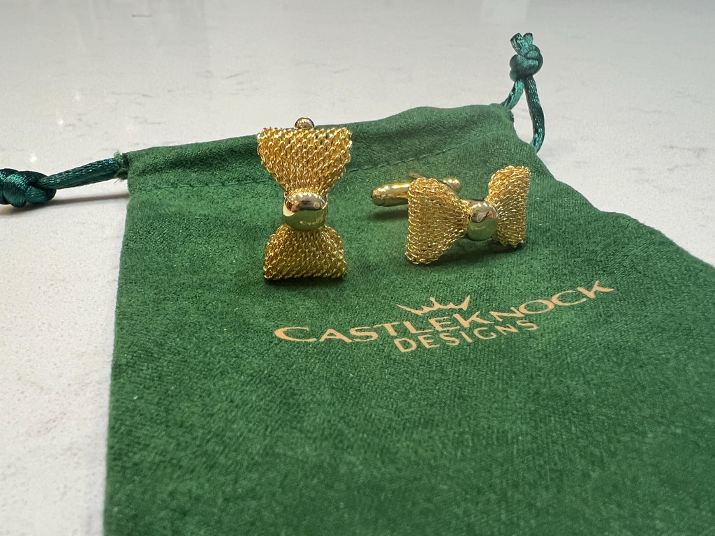 Gold Bow Tie Cufflinks elegant and timeless accessories for formal wear the perfect gift for grooms weddings black-tie events and occasions.