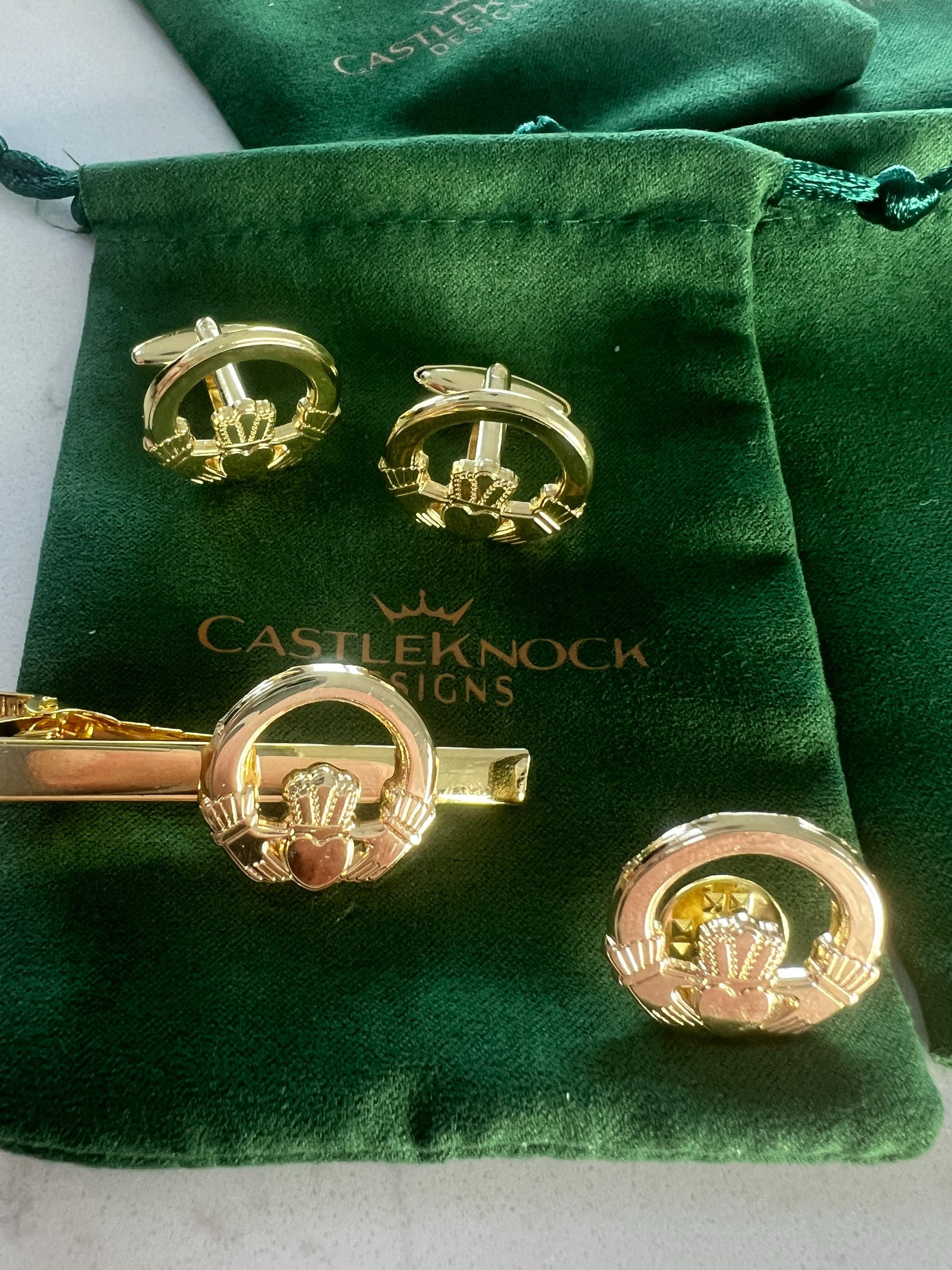 Claddagh Ring Cufflinks Tie Clip Pin Set Gold Irish Jewelry Gift for Him Wedding Anniversary Men's Accessories Classic Irish Heritage Set