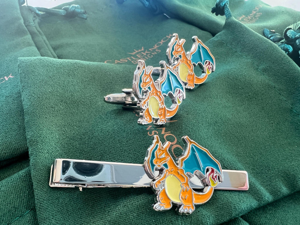 Charizard Cufflinks Tieclip Pin dragon-inspired accessories perfect gift Pokémon fans trainers weddings and special occasions unique design