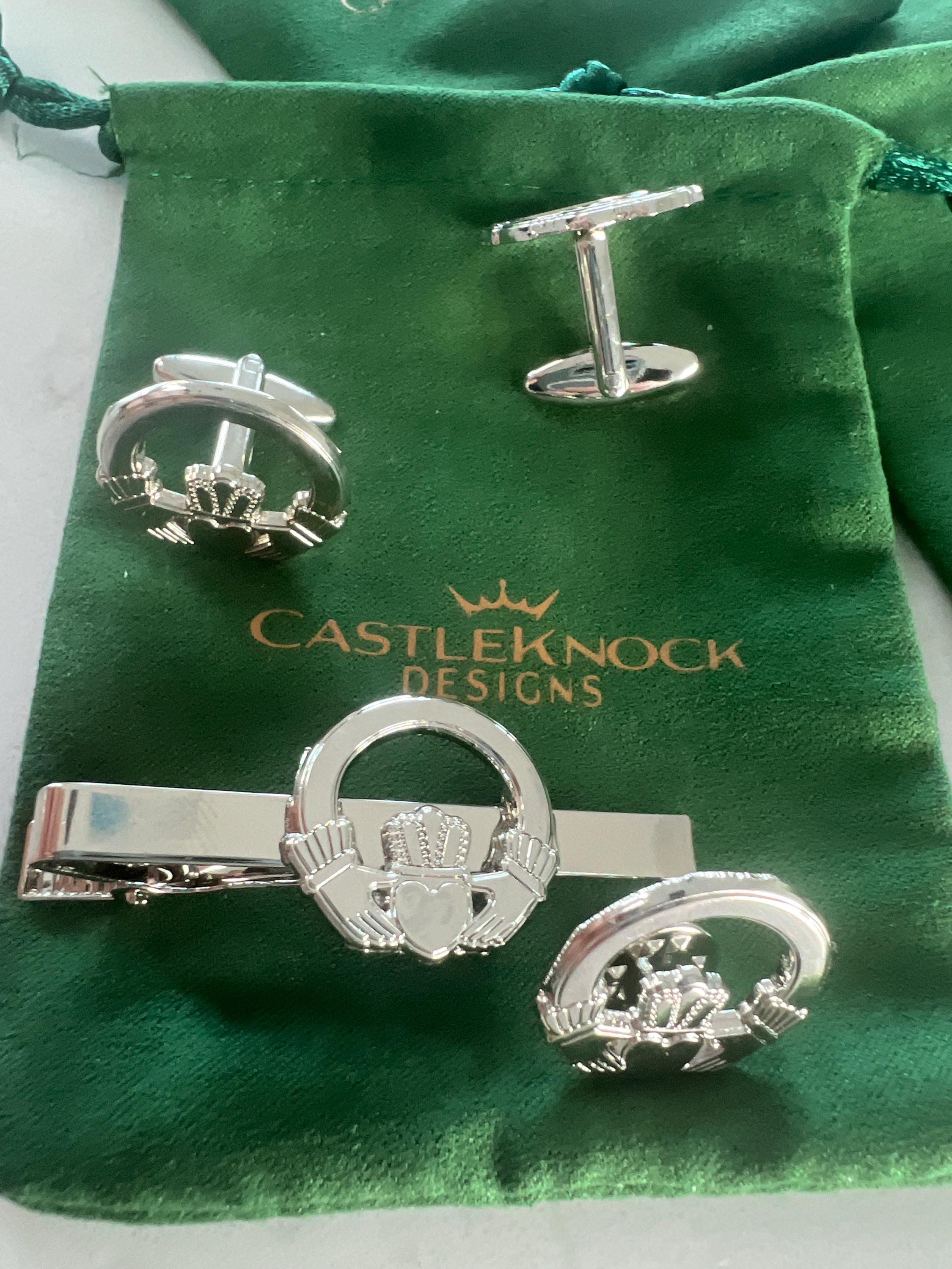 Claddagh Ring Cufflinks Tie Clip Pin Set Silver Irish Jewelry Gift for Him Wedding Anniversary Men's Accessories Classic Irish Heritage Set
