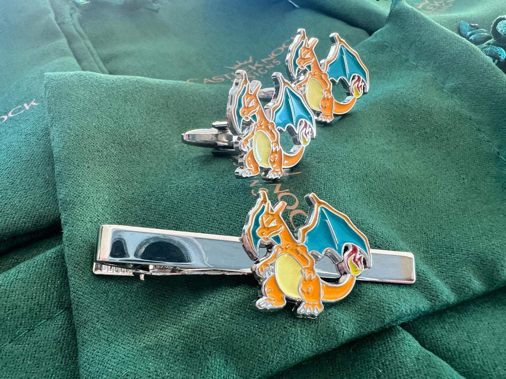 Charizard Cufflinks Tieclip dragon-inspired accessories perfect gift for Pokémon fans trainers weddings and special occasions unique design