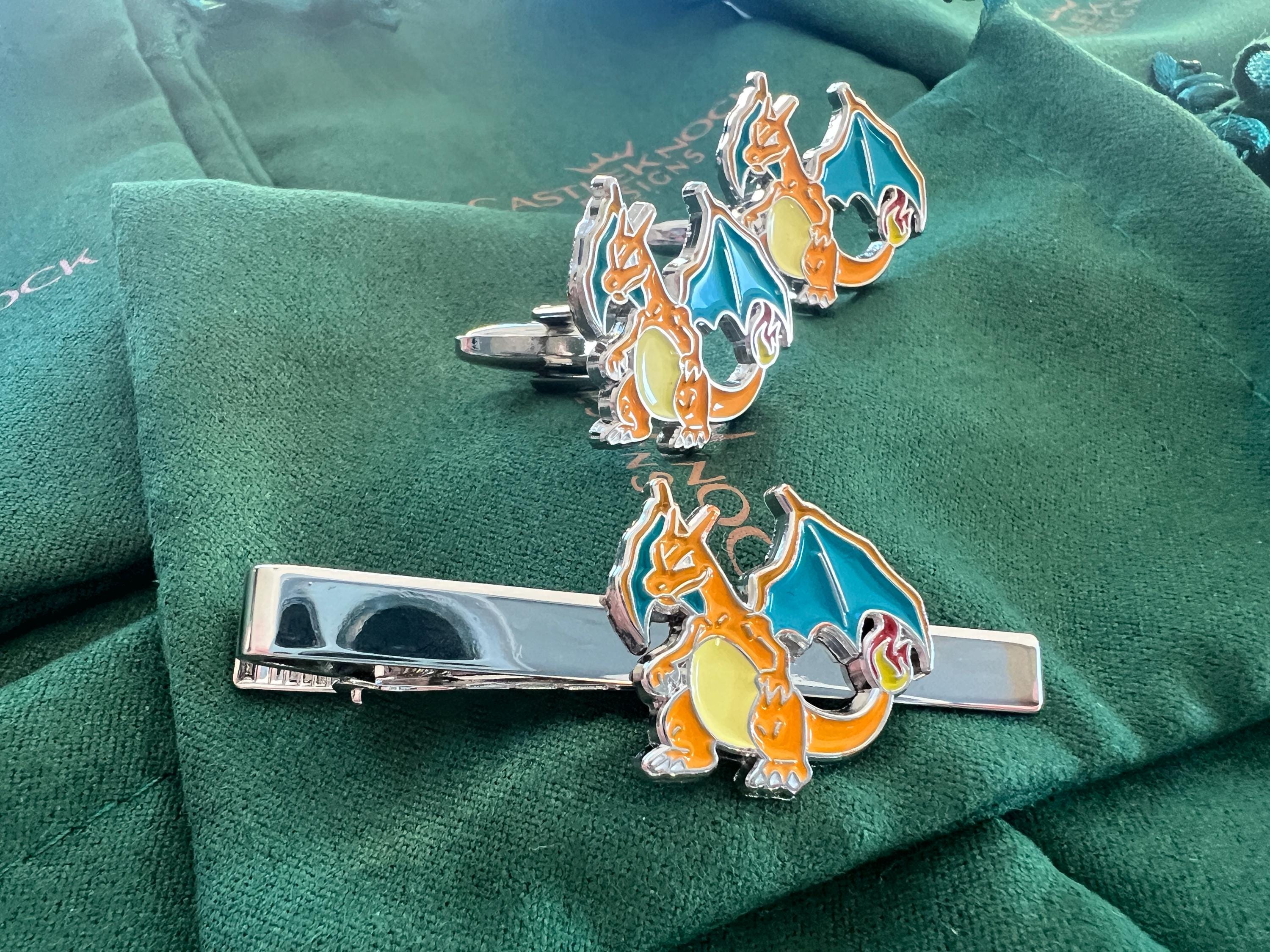 Charizard Cufflinks Tieclip dragon-inspired accessories perfect gift for Pokémon fans trainers weddings and special occasions unique design