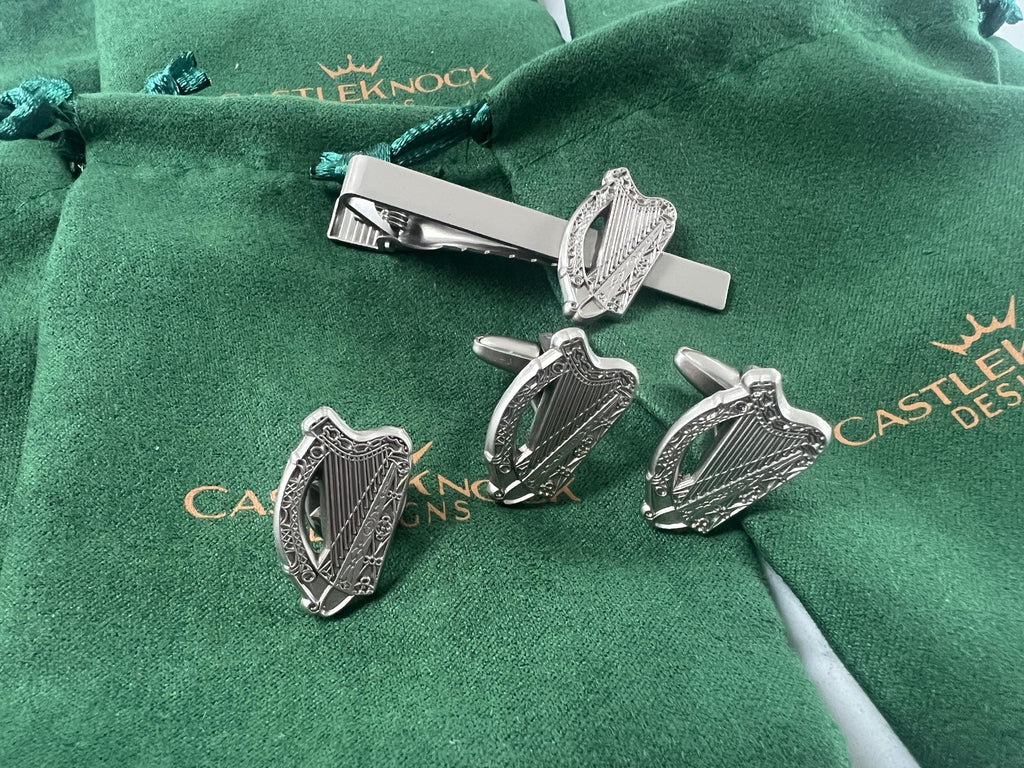 Irish Harp Silver Plated Cufflinks Tie Clip and Suit Pin elegant accessories perfect for weddings formal events and thoughtful Irish gifts