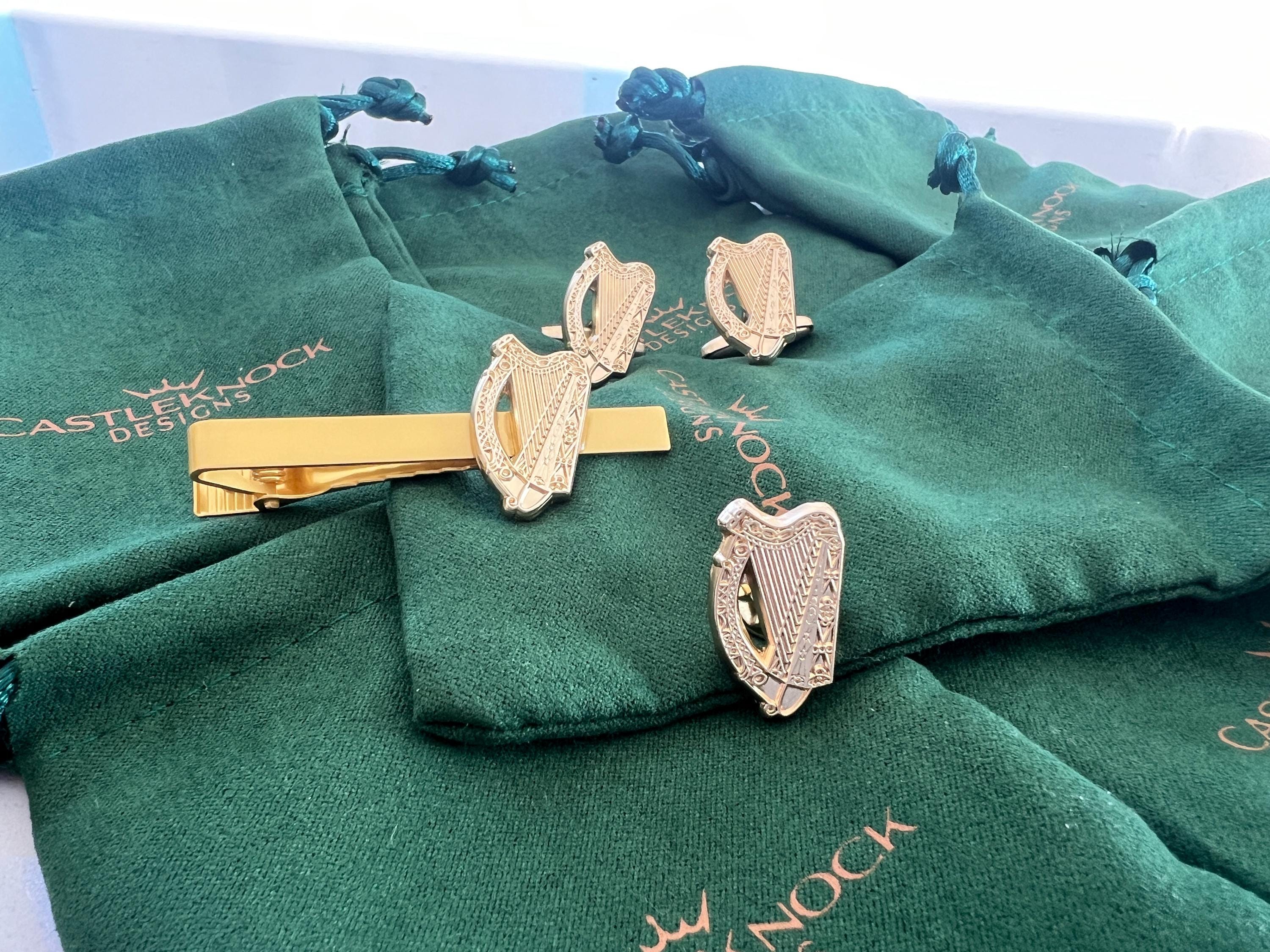 Gold Irish Harp Cufflinks Suit Pin and Tie Clip Set elegant Irish heritage accessories perfect gift for weddings formal events