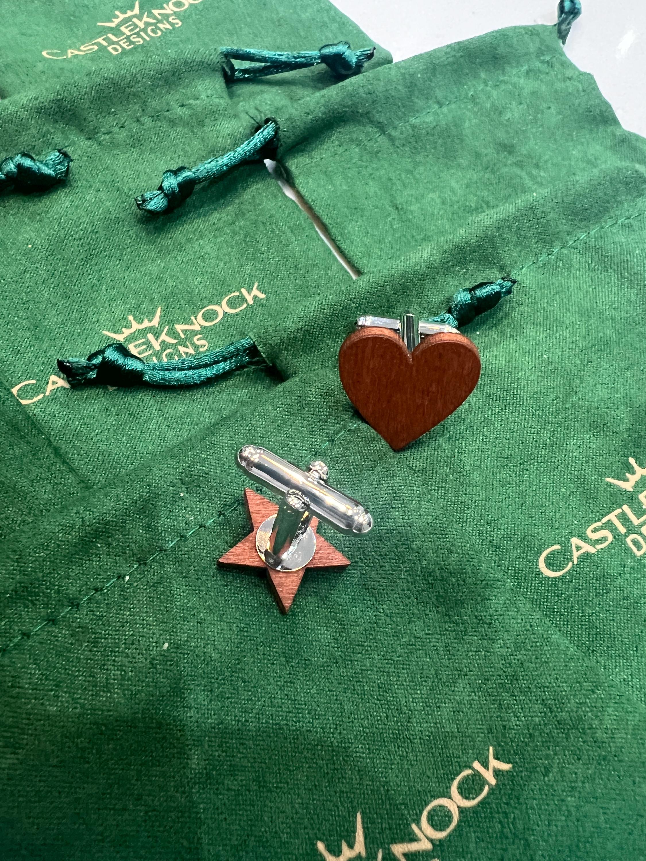 Wooden Heart and Star Cufflinks Handmade Rustic Mens Accessory Unique Gift for Him Groomsmen Wedding Anniversary Valentines Day Fathers Day