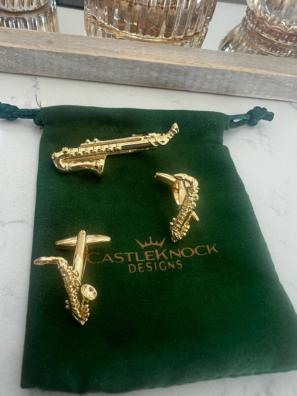 Saxophone Cufflinks and Tie Clip Set Music Inspired Men's Jewelry Jazz Lover Accessories Unique Gift for Him Sax Player Cufflinks Tie Bar