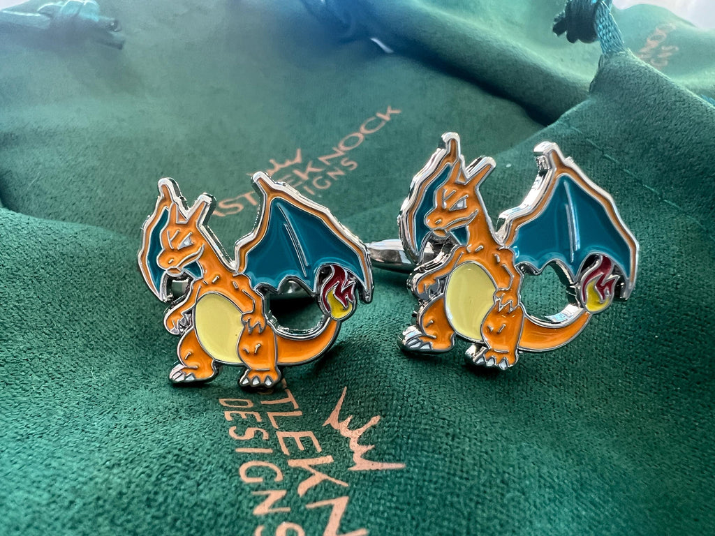 Charizard Cufflinks Tieclip Pin dragon-inspired accessories perfect gift Pokémon fans trainers weddings and special occasions unique design