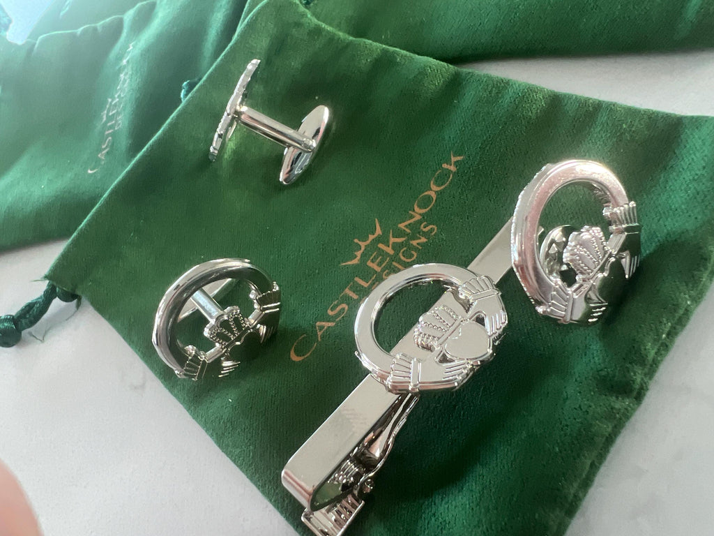 Claddagh Ring Cufflinks Tie Clip Pin Set Silver Irish Jewelry Gift for Him Wedding Anniversary Men's Accessories Classic Irish Heritage Set