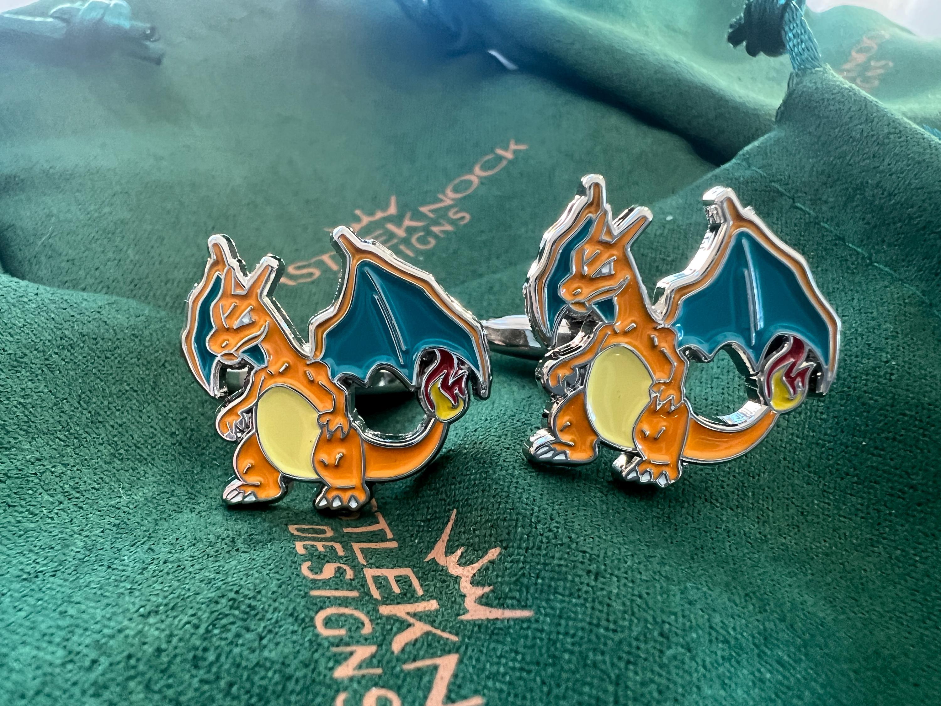 Charizard Cufflinks Tieclip dragon-inspired accessories perfect gift for Pokémon fans trainers weddings and special occasions unique design