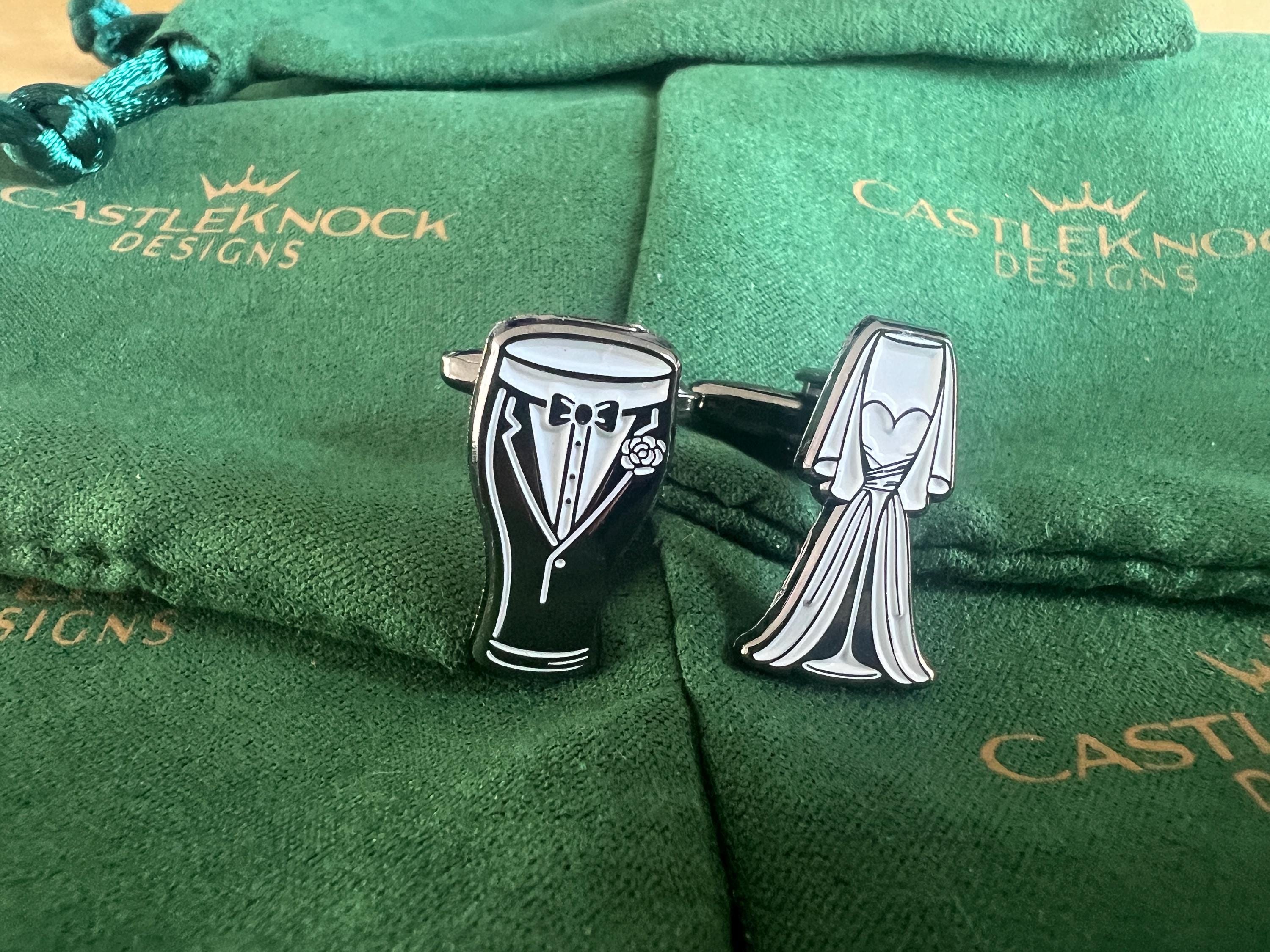 Bride and Groom Cufflinks – Stout Beer Tuxedo and Bridal Dress Champagne Flute – Funny Wedding Gift for Groomsmen or Bachelor Party